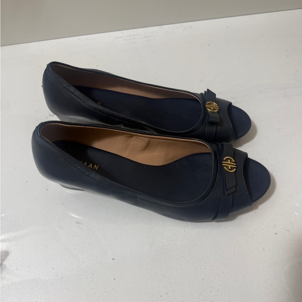 Cole Haan Women's Navy Peep-Toe Flats with Gold Accent - Picture 13 of 16